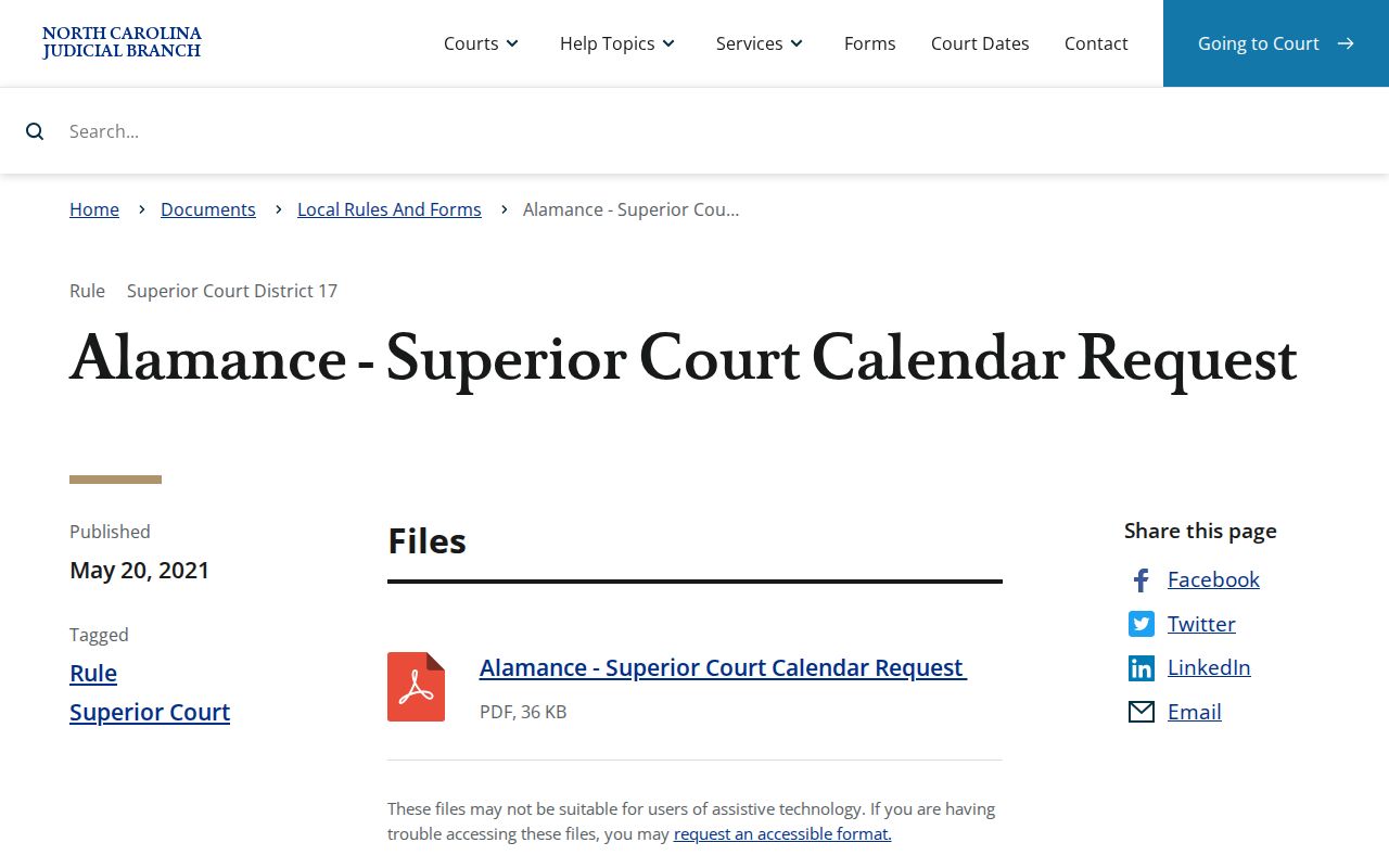 Alamance County civil court docket calendar request source
