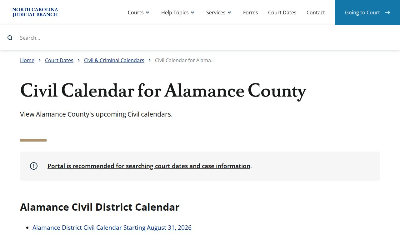 Alamance County civil court docket calendar source