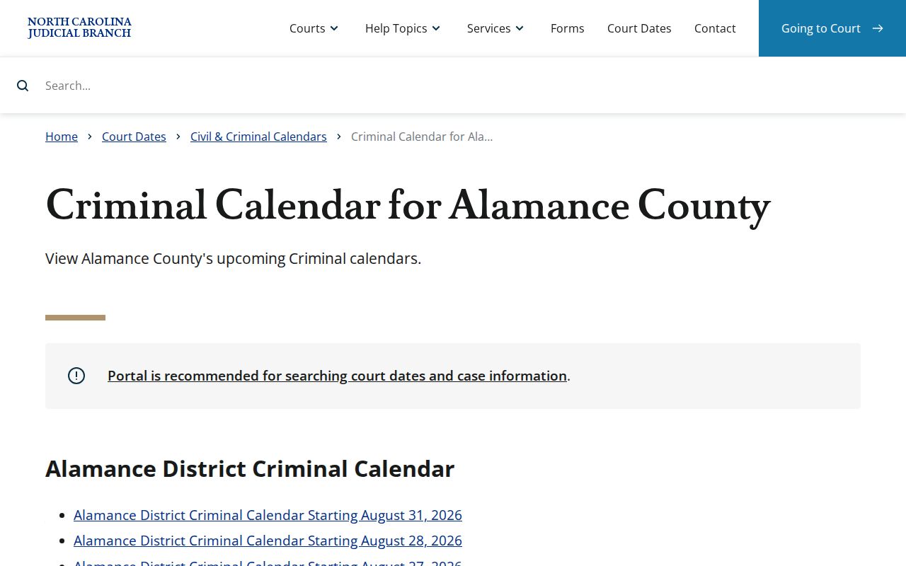 Alamance County criminal court docket calendar source