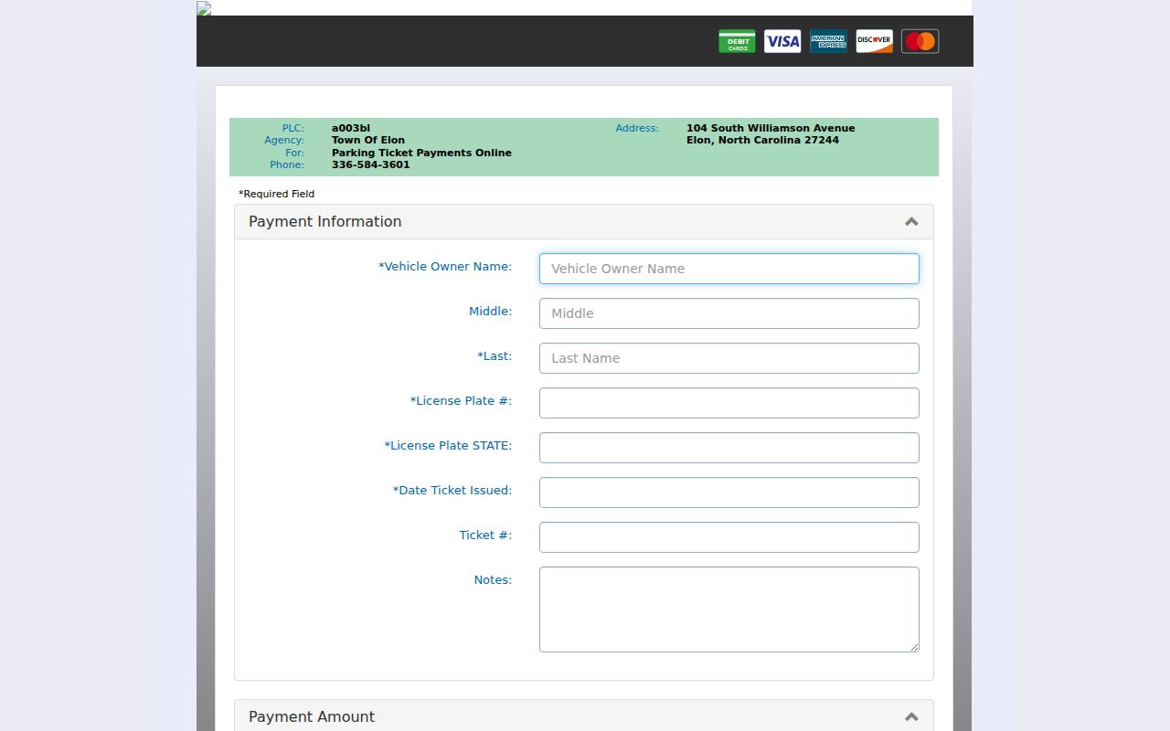 Elon court records source for Town parking payment form