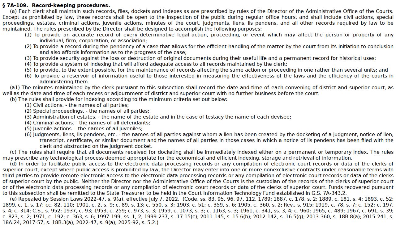Mebane court records Clerk docket statute source